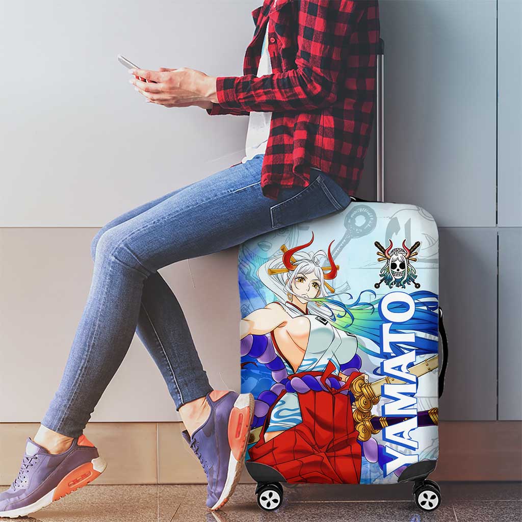 Yamato One Piece Blue Cloud Theme Luggage Cover with Manga Panels and Oni Horn Character Design - The Mazicc