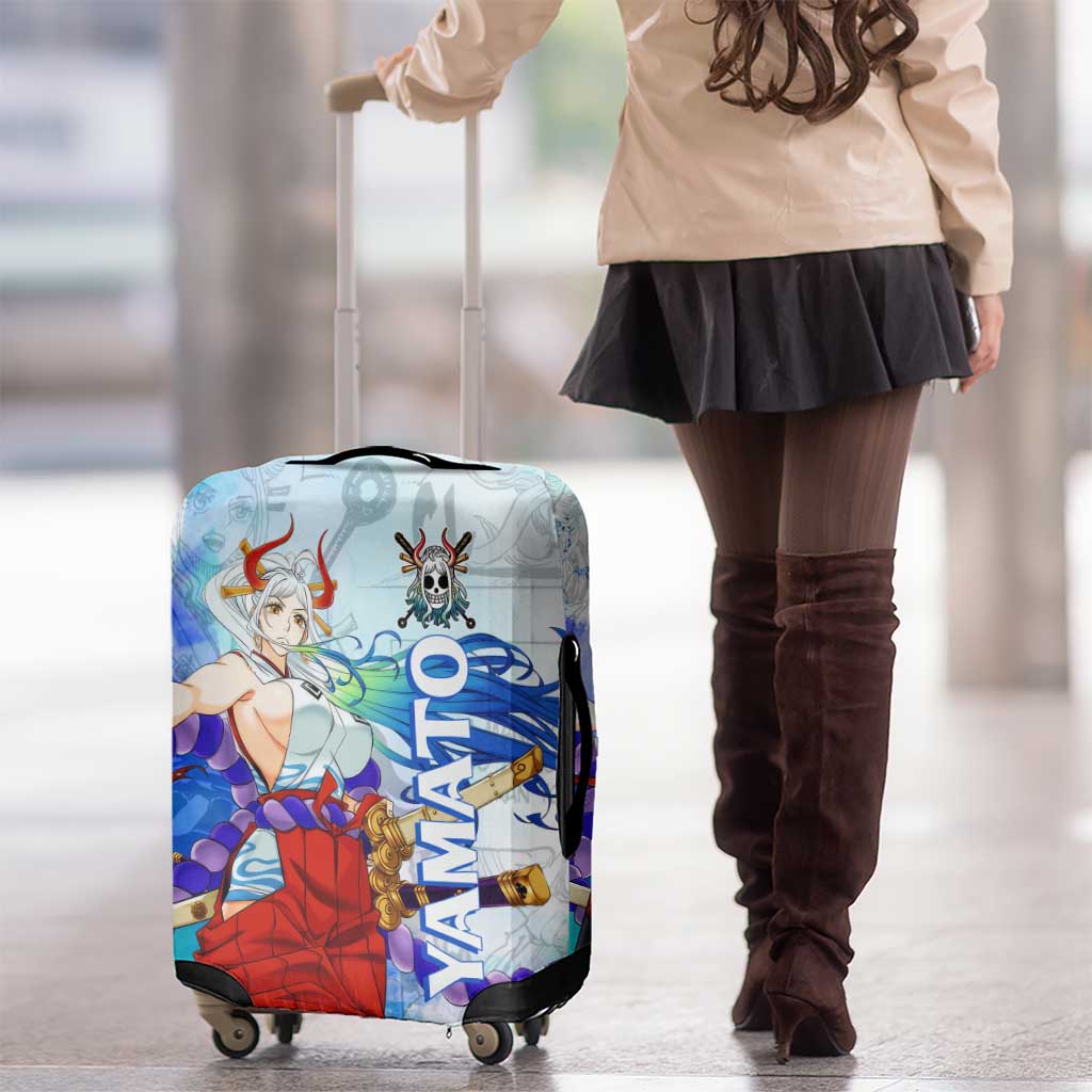 Yamato One Piece Blue Cloud Theme Luggage Cover with Manga Panels and Oni Horn Character Design - The Mazicc