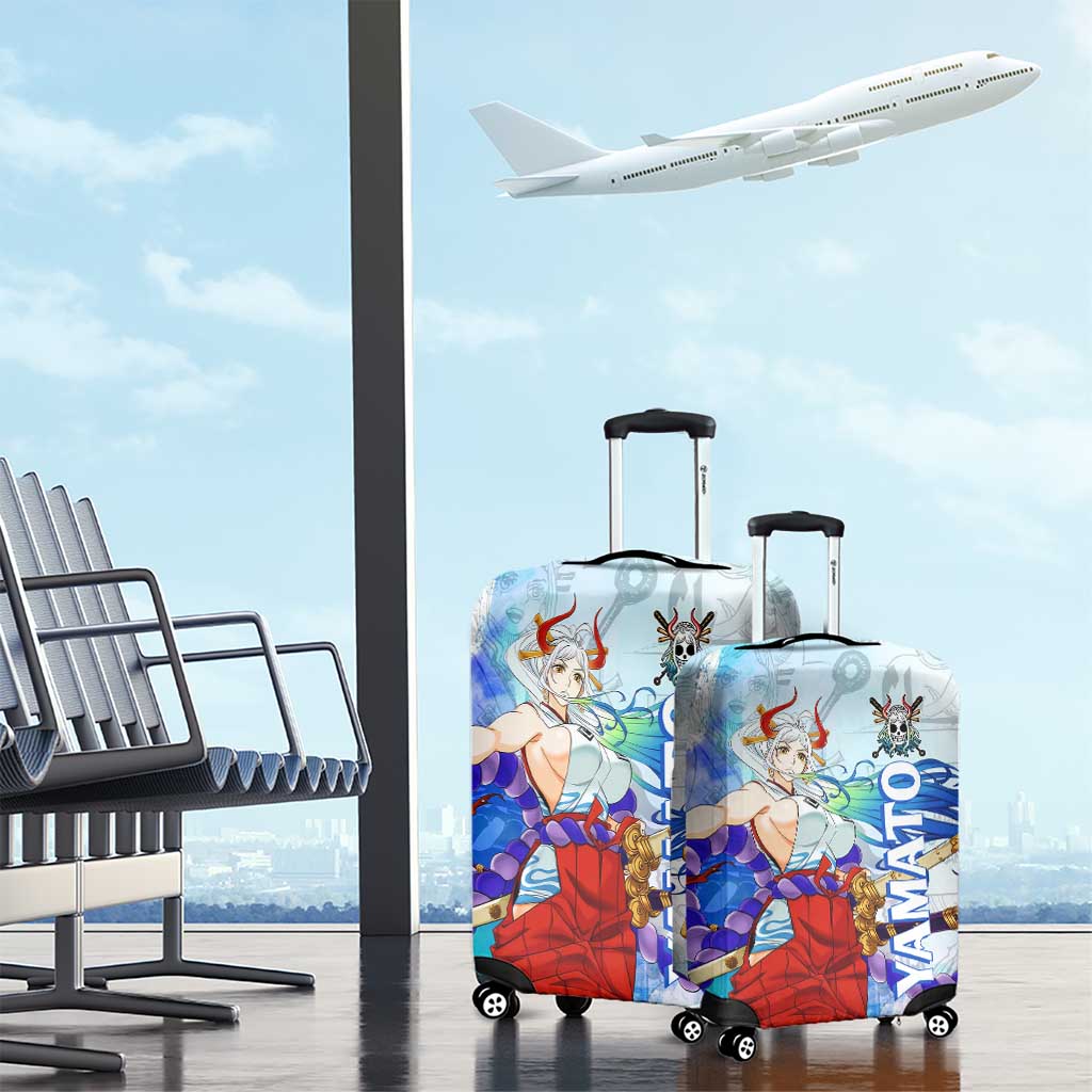 Yamato One Piece Blue Cloud Theme Luggage Cover with Manga Panels and Oni Horn Character Design - The Mazicc