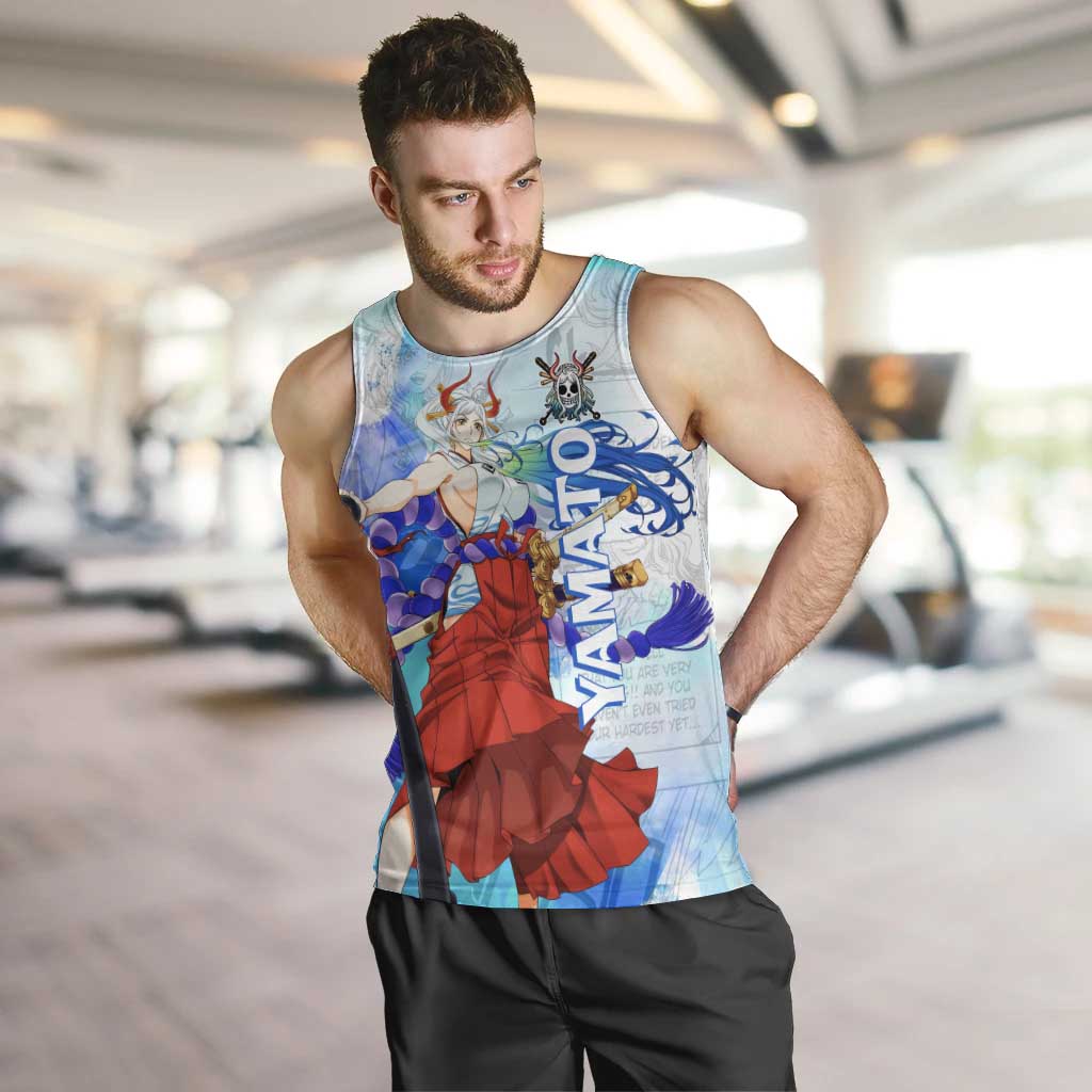 Yamato One Piece Blue Cloud Theme Men Tank Top with Manga Panels and Oni Horn Character Design - The Mazicc