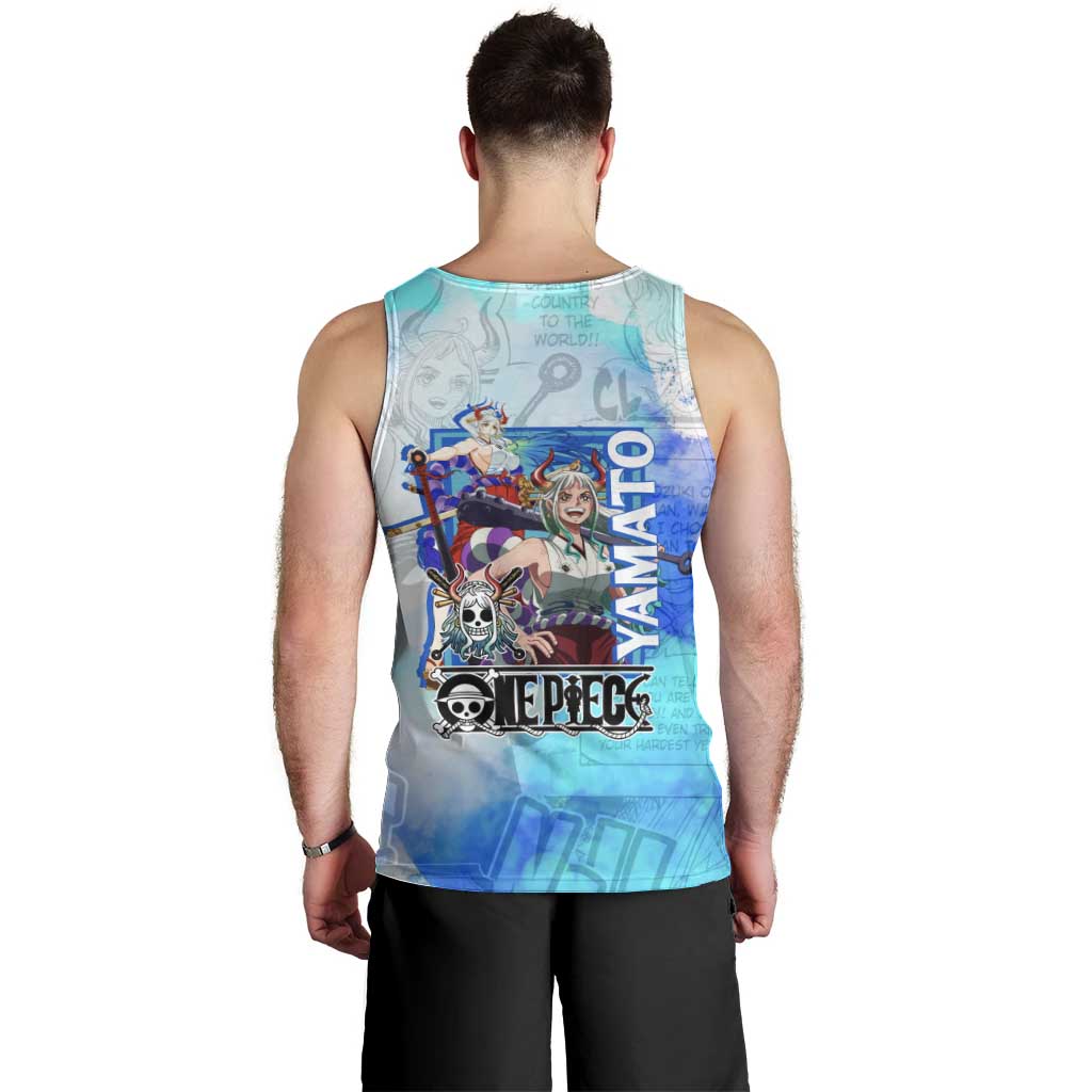 Yamato One Piece Blue Cloud Theme Men Tank Top with Manga Panels and Oni Horn Character Design - The Mazicc