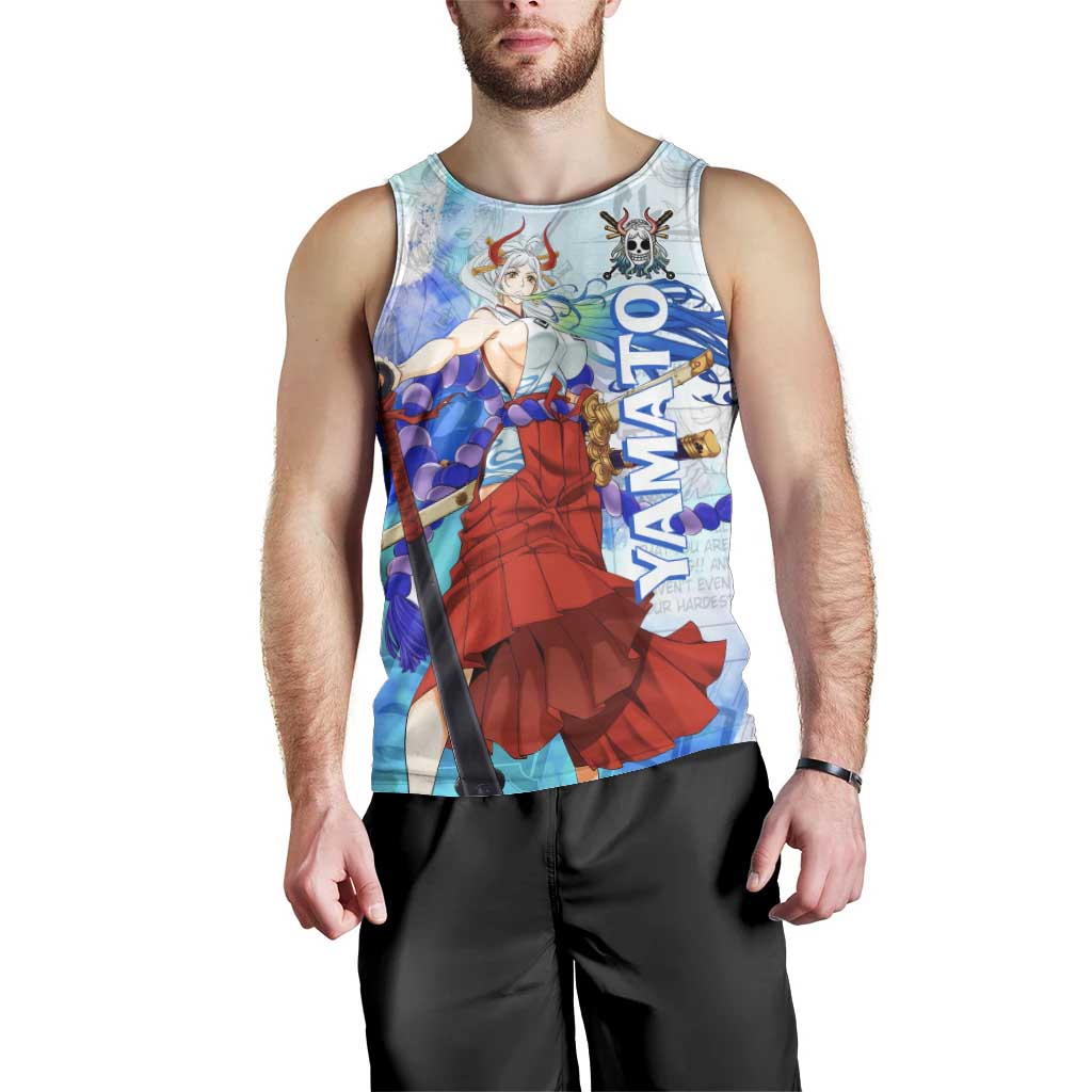 Yamato One Piece Blue Cloud Theme Men Tank Top with Manga Panels and Oni Horn Character Design - The Mazicc