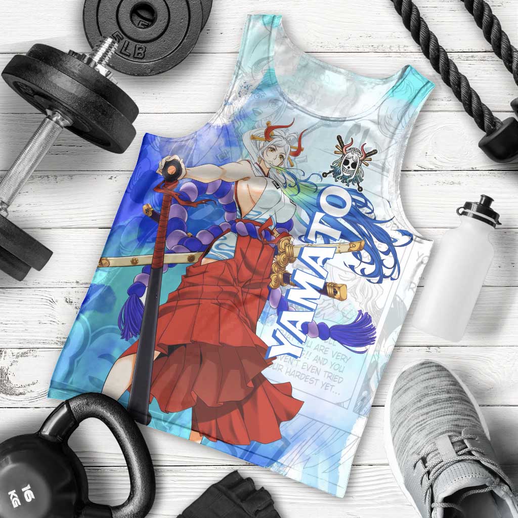 Yamato One Piece Blue Cloud Theme Men Tank Top with Manga Panels and Oni Horn Character Design - The Mazicc