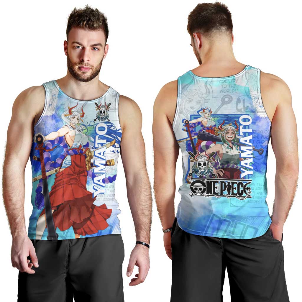 Yamato One Piece Blue Cloud Theme Men Tank Top with Manga Panels and Oni Horn Character Design - The Mazicc