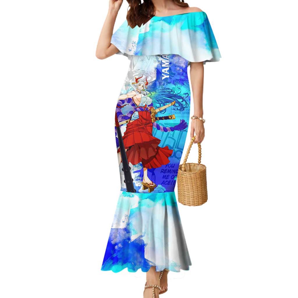Yamato One Piece Blue Cloud Theme Mermaid Dress with Manga Panels and Oni Horn Character Design - The Mazicc