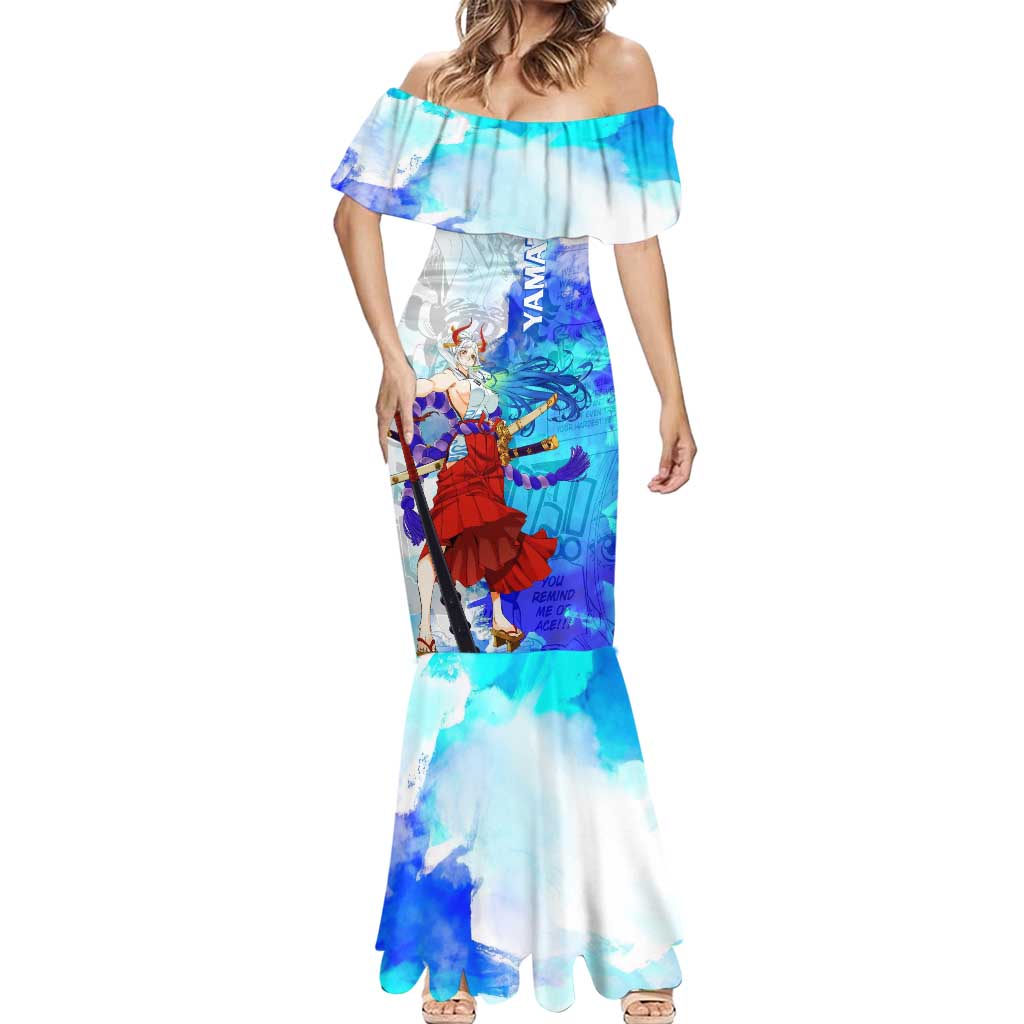 Yamato One Piece Blue Cloud Theme Mermaid Dress with Manga Panels and Oni Horn Character Design - The Mazicc