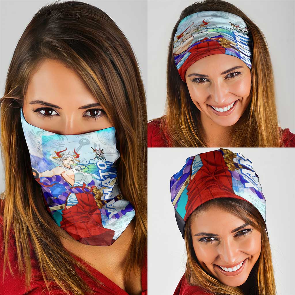 Yamato One Piece Blue Cloud Theme Neck Gaiter with Manga Panels and Oni Horn Character Design - The Mazicc