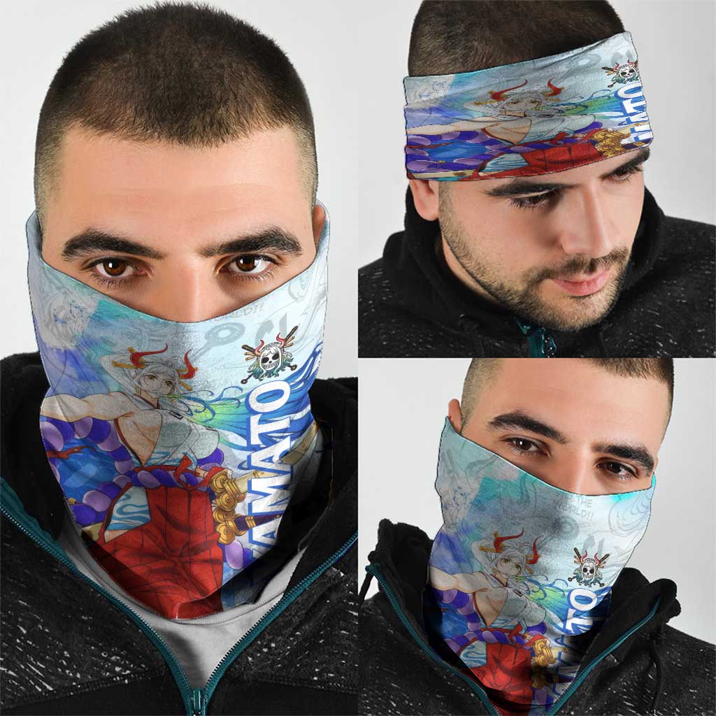 Yamato One Piece Blue Cloud Theme Neck Gaiter with Manga Panels and Oni Horn Character Design - The Mazicc