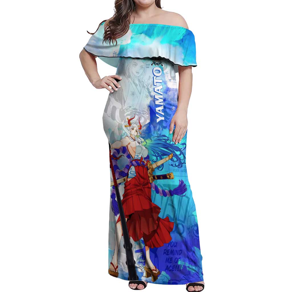 Yamato One Piece Blue Cloud Theme Off Shoulder Maxi Dress with Manga Panels and Oni Horn Character Design - The Mazicc
