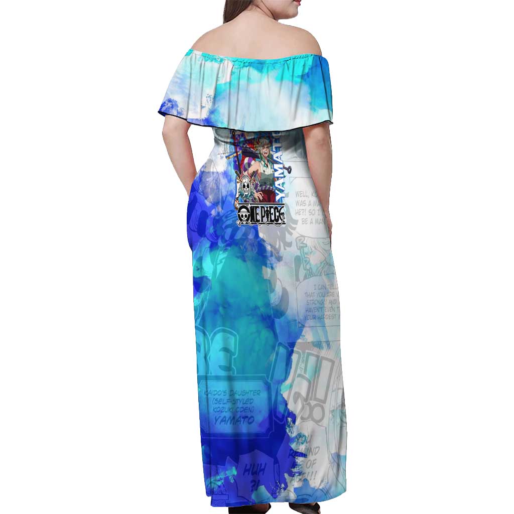 Yamato One Piece Blue Cloud Theme Off Shoulder Maxi Dress with Manga Panels and Oni Horn Character Design - The Mazicc