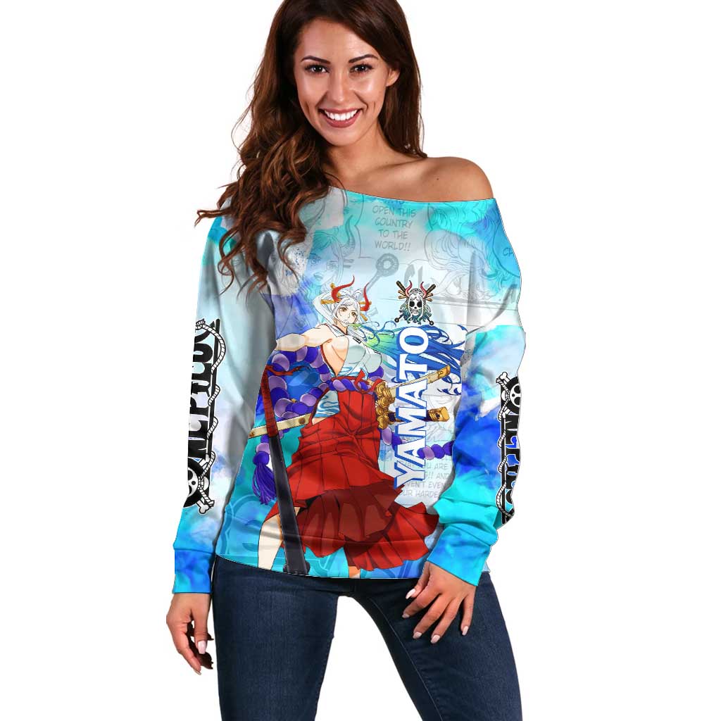Yamato One Piece Blue Cloud Theme Off Shoulder Sweater with Manga Panels and Oni Horn Character Design - The Mazicc