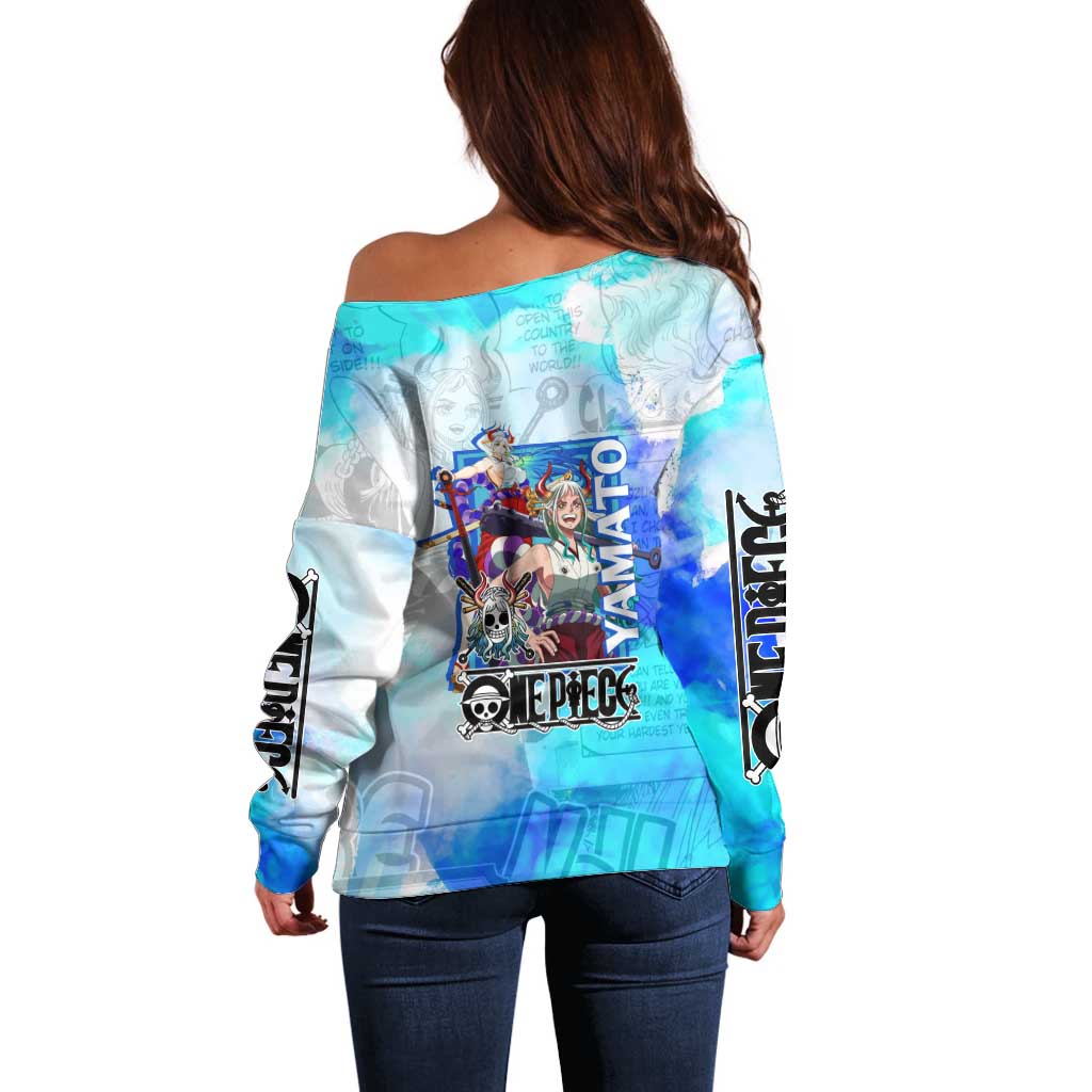 Yamato One Piece Blue Cloud Theme Off Shoulder Sweater with Manga Panels and Oni Horn Character Design - The Mazicc