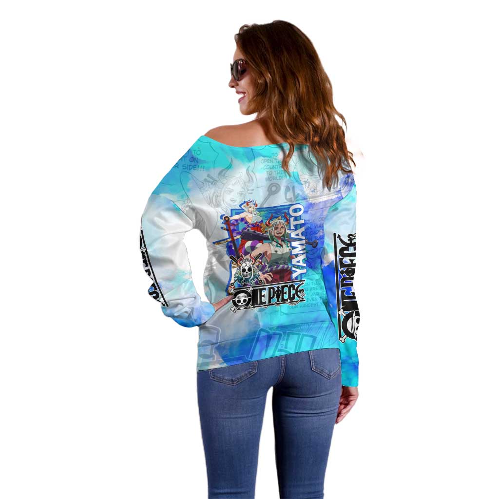 Yamato One Piece Blue Cloud Theme Off Shoulder Sweater with Manga Panels and Oni Horn Character Design - The Mazicc