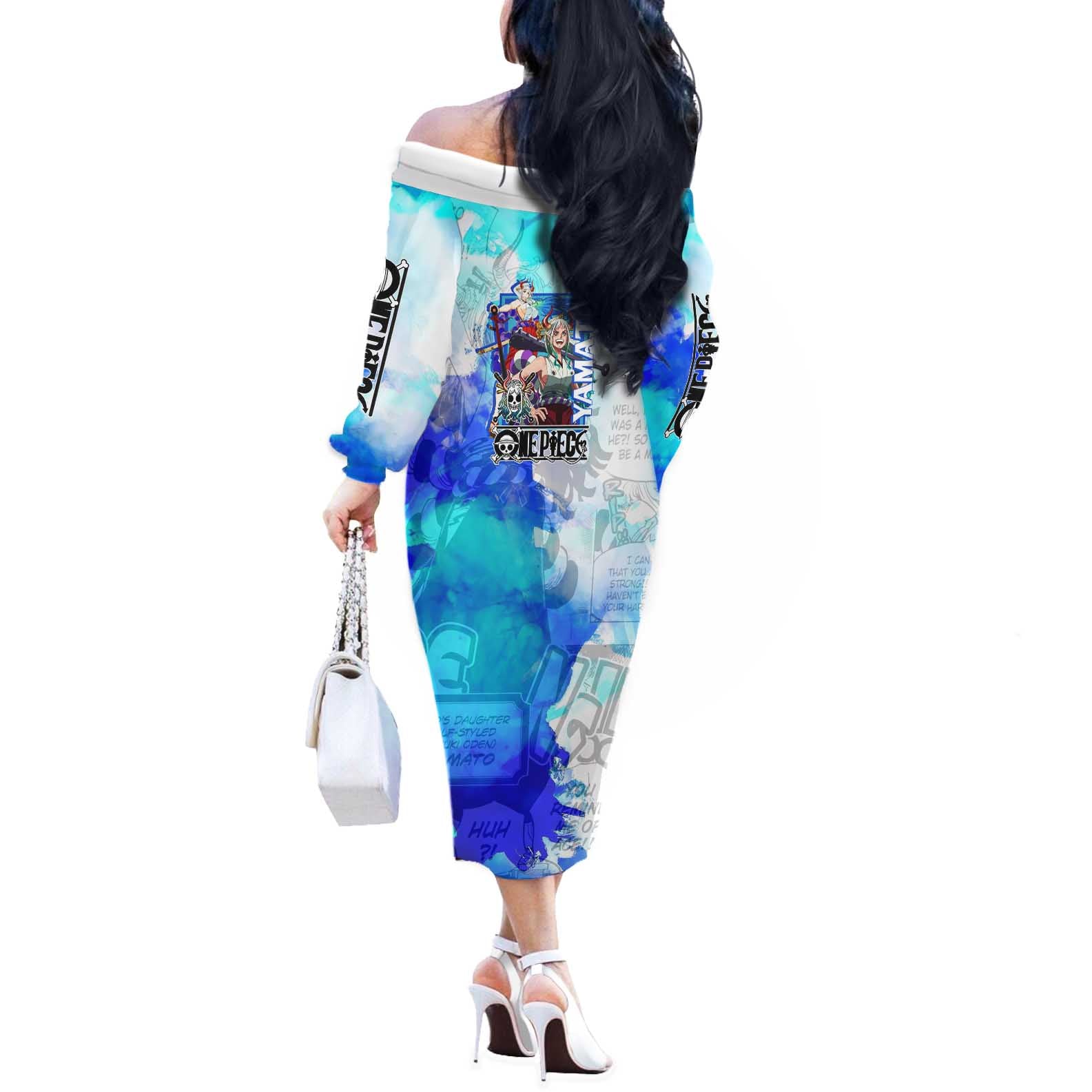 Yamato One Piece Blue Cloud Theme Off The Shoulder Long Sleeve Dress with Manga Panels and Oni Horn Character Design - The Mazicc