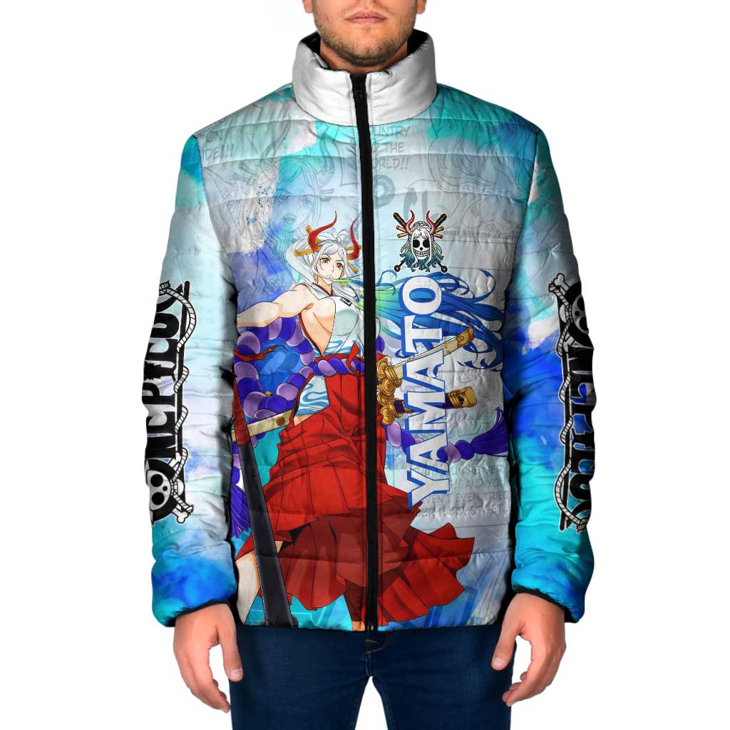 Yamato One Piece Blue Cloud Theme Padded Jacket with Manga Panels and Oni Horn Character Design - The Mazicc
