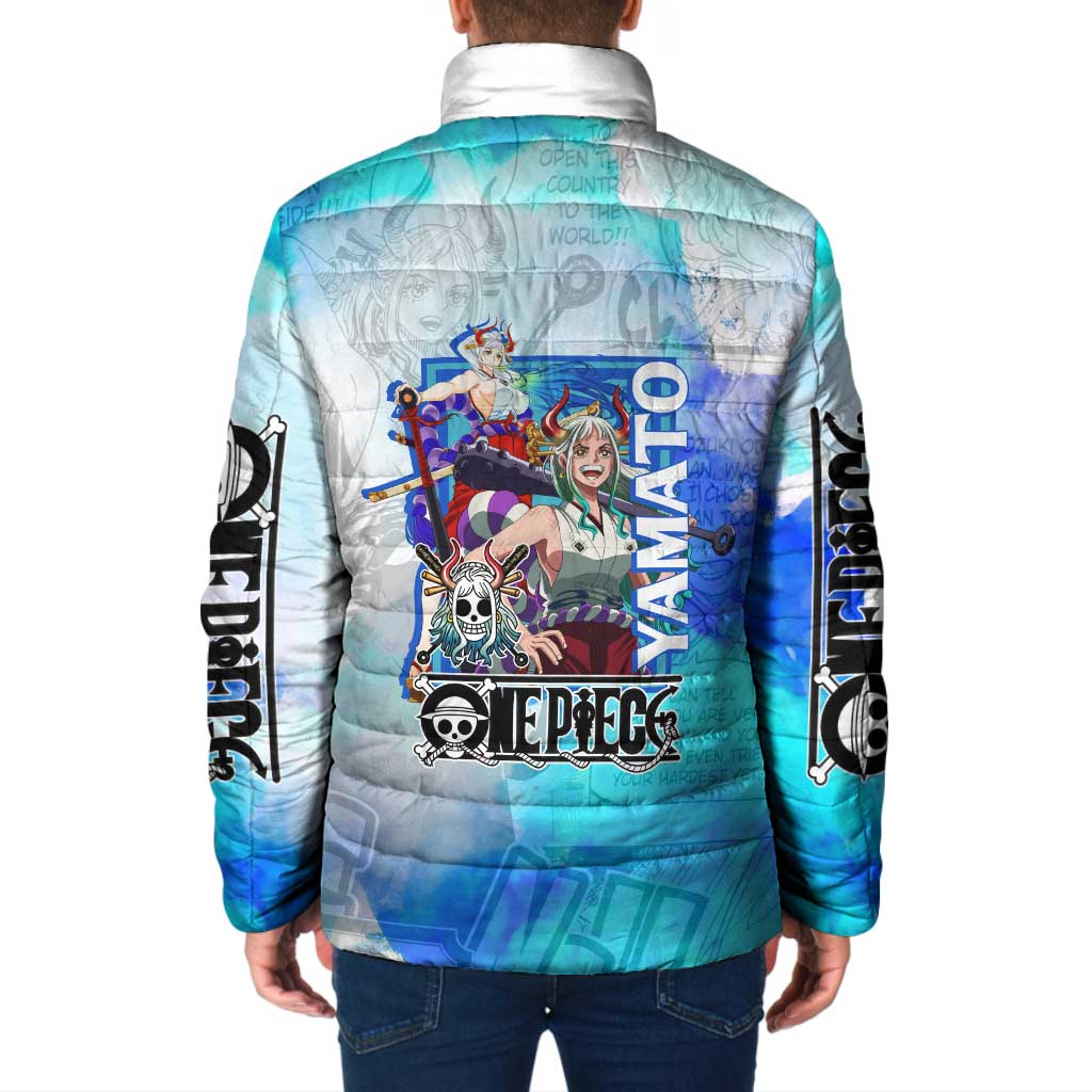 Yamato One Piece Blue Cloud Theme Padded Jacket with Manga Panels and Oni Horn Character Design - The Mazicc