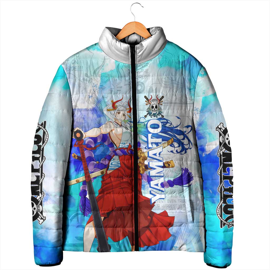 Yamato One Piece Blue Cloud Theme Padded Jacket with Manga Panels and Oni Horn Character Design - The Mazicc