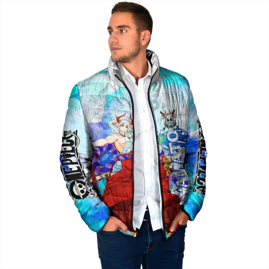 Yamato One Piece Blue Cloud Theme Padded Jacket with Manga Panels and Oni Horn Character Design - The Mazicc