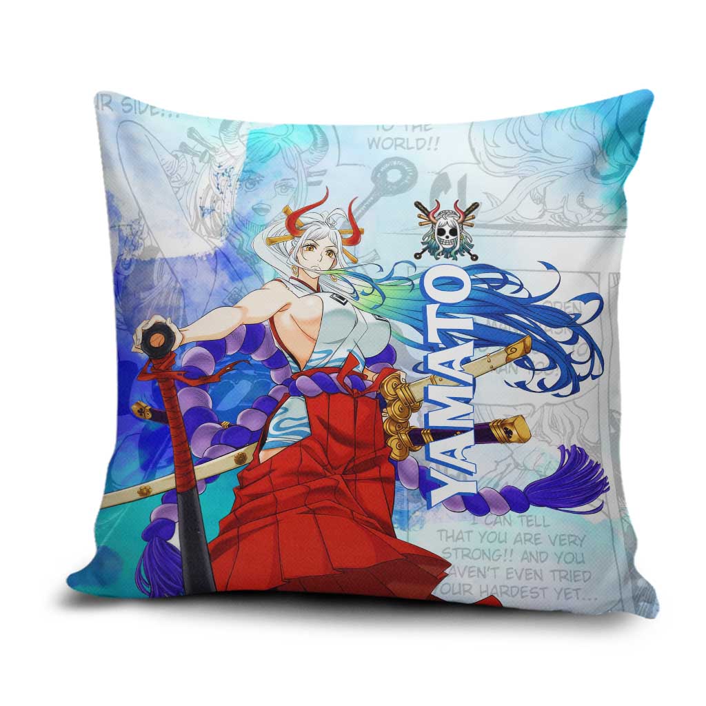 Yamato One Piece Blue Cloud Theme Pillow Cover with Manga Panels and Oni Horn Character Design - The Mazicc
