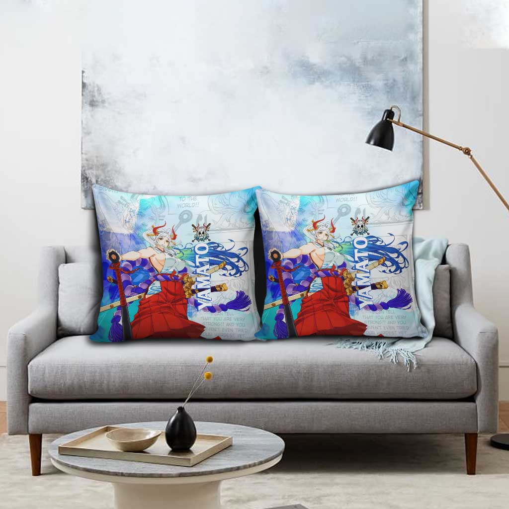Yamato One Piece Blue Cloud Theme Pillow Cover with Manga Panels and Oni Horn Character Design - The Mazicc