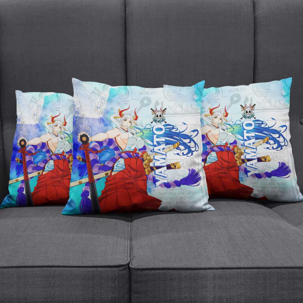 Yamato One Piece Blue Cloud Theme Pillow Cover with Manga Panels and Oni Horn Character Design - The Mazicc