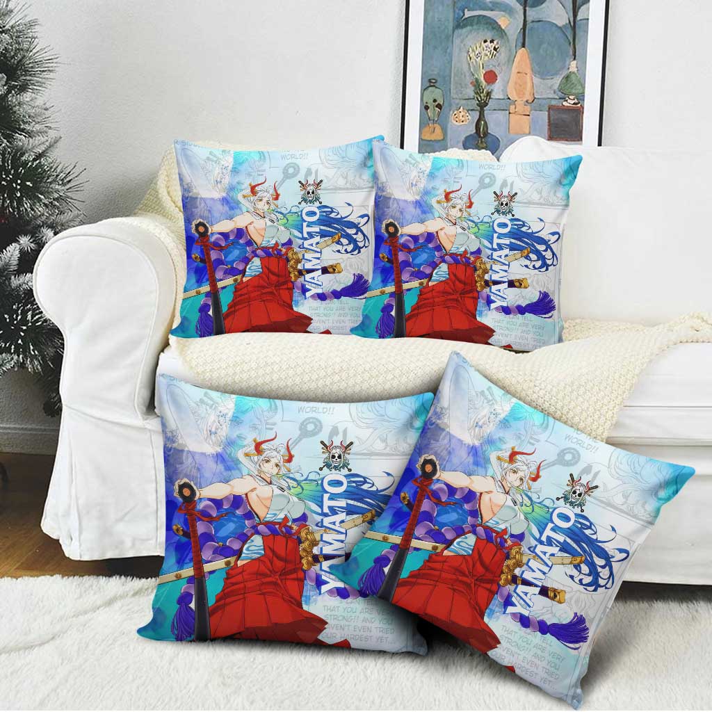 Yamato One Piece Blue Cloud Theme Pillow Cover with Manga Panels and Oni Horn Character Design - The Mazicc