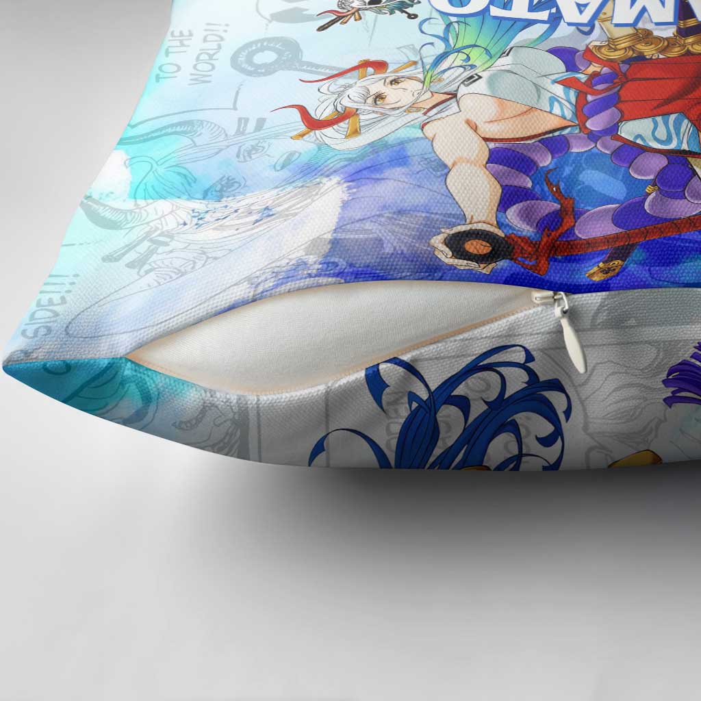Yamato One Piece Blue Cloud Theme Pillow Cover with Manga Panels and Oni Horn Character Design - The Mazicc