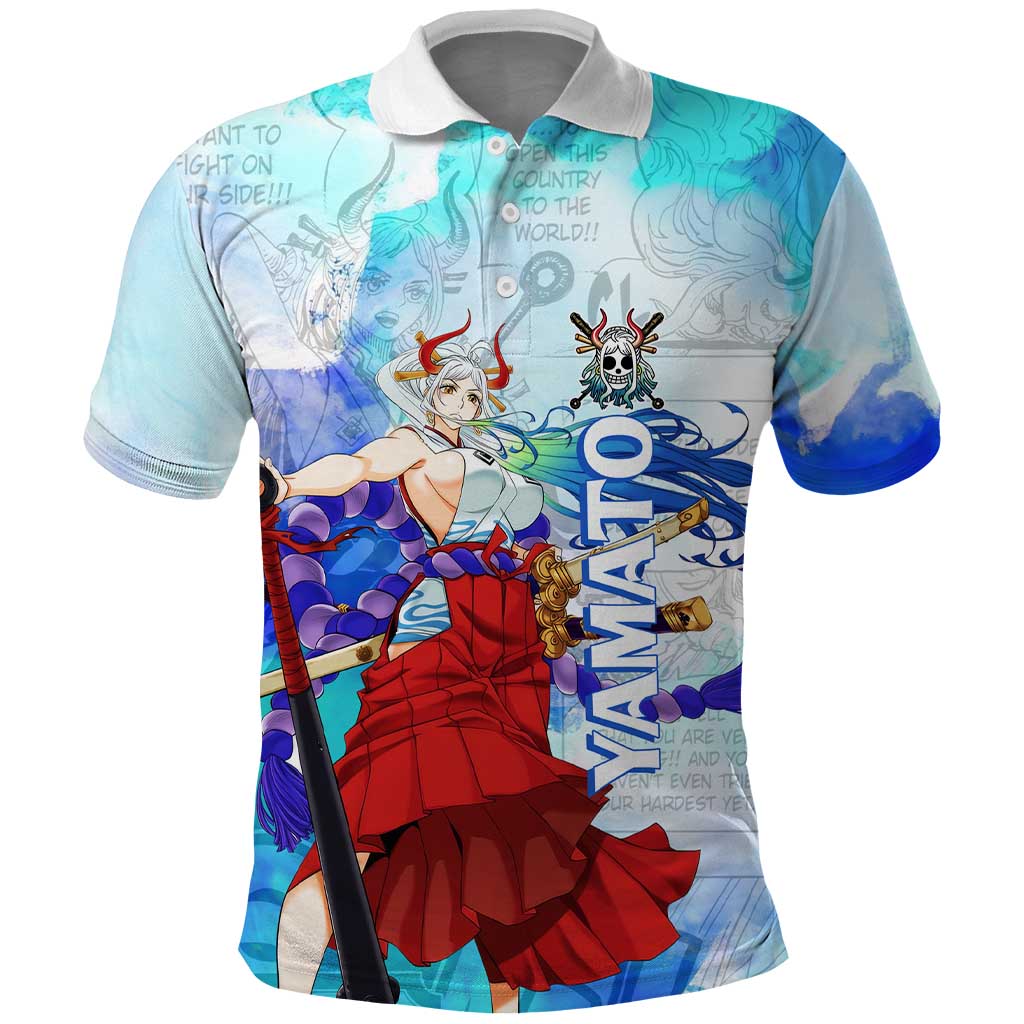 Yamato One Piece Blue Cloud Theme Polo Shirt with Manga Panels and Oni Horn Character Design - The Mazicc