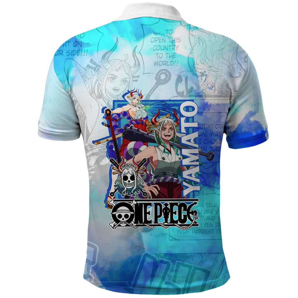 Yamato One Piece Blue Cloud Theme Polo Shirt with Manga Panels and Oni Horn Character Design - The Mazicc