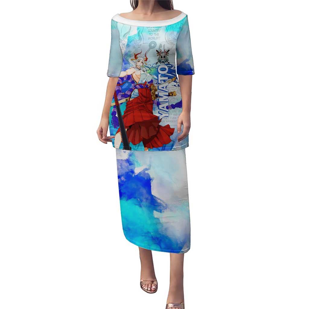 Yamato One Piece Blue Cloud Theme Puletasi with Manga Panels and Oni Horn Character Design - The Mazicc