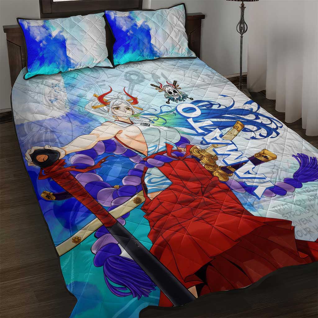 Yamato One Piece Blue Cloud Theme Quilt Bed Set with Manga Panels and Oni Horn Character Design - The Mazicc