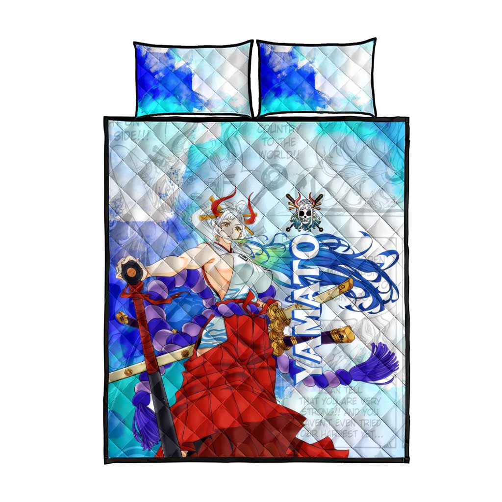 Yamato One Piece Blue Cloud Theme Quilt Bed Set with Manga Panels and Oni Horn Character Design - The Mazicc