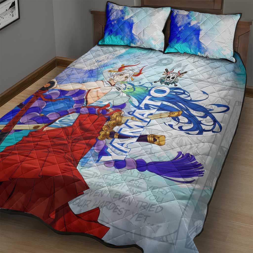 Yamato One Piece Blue Cloud Theme Quilt Bed Set with Manga Panels and Oni Horn Character Design - The Mazicc