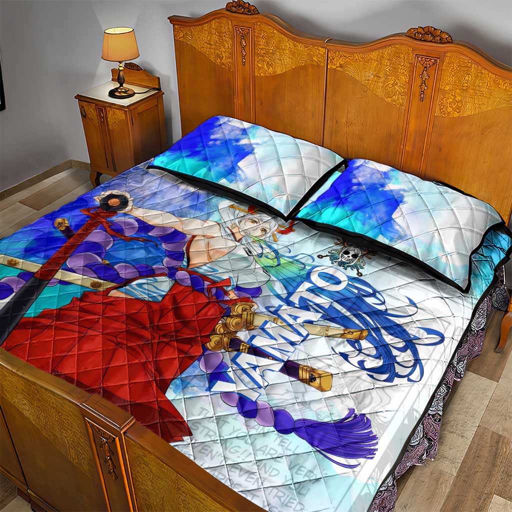 Yamato One Piece Blue Cloud Theme Quilt Bed Set with Manga Panels and Oni Horn Character Design - The Mazicc