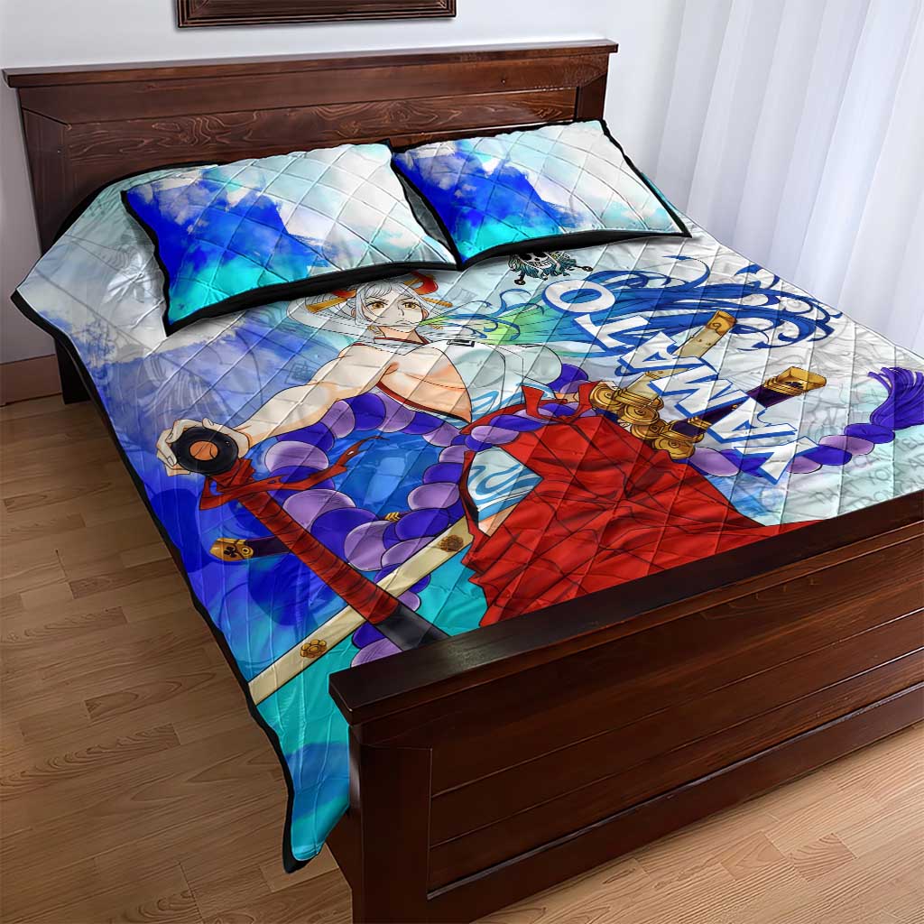 Yamato One Piece Blue Cloud Theme Quilt Bed Set with Manga Panels and Oni Horn Character Design - The Mazicc