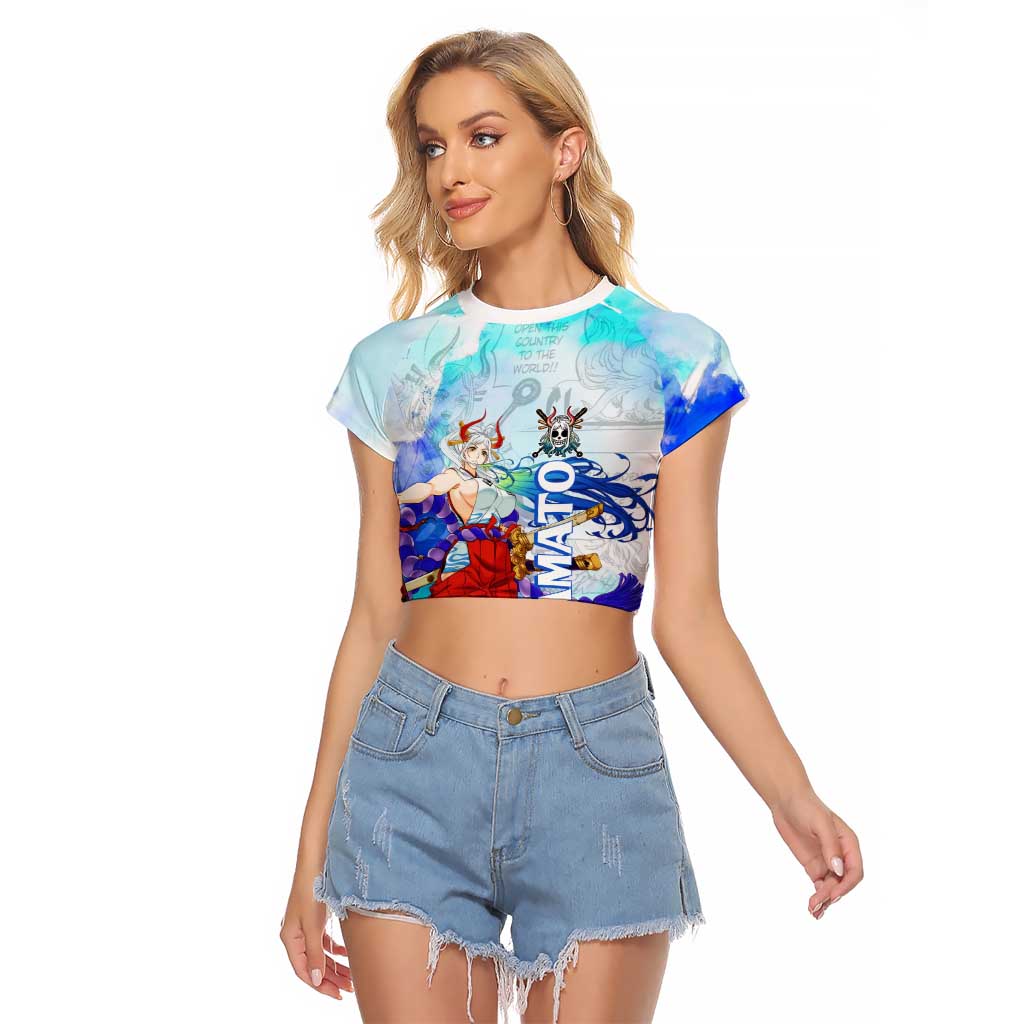 Yamato One Piece Blue Cloud Theme Raglan Cropped T Shirt with Manga Panels and Oni Horn Character Design - The Mazicc