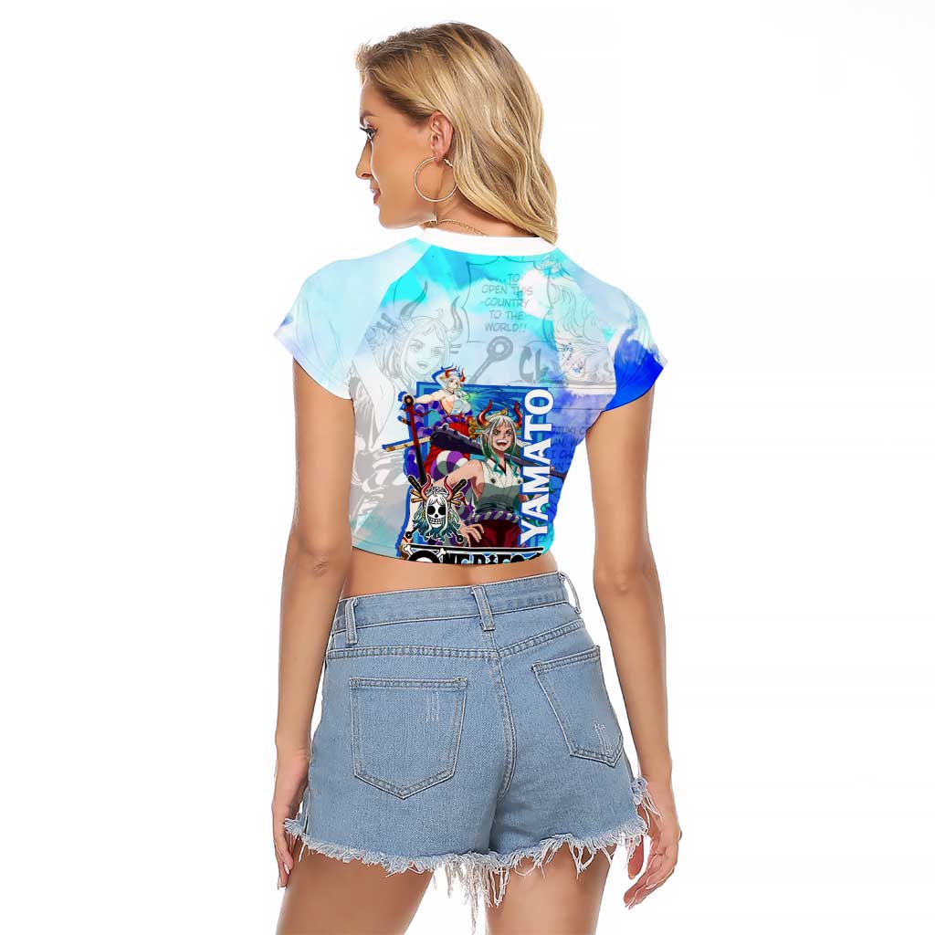 Yamato One Piece Blue Cloud Theme Raglan Cropped T Shirt with Manga Panels and Oni Horn Character Design - The Mazicc