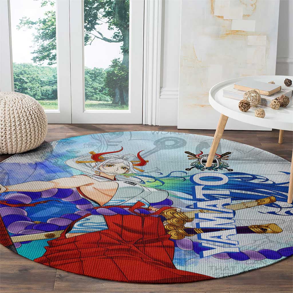 Yamato One Piece Blue Cloud Theme Round Carpet with Manga Panels and Oni Horn Character Design - The Mazicc
