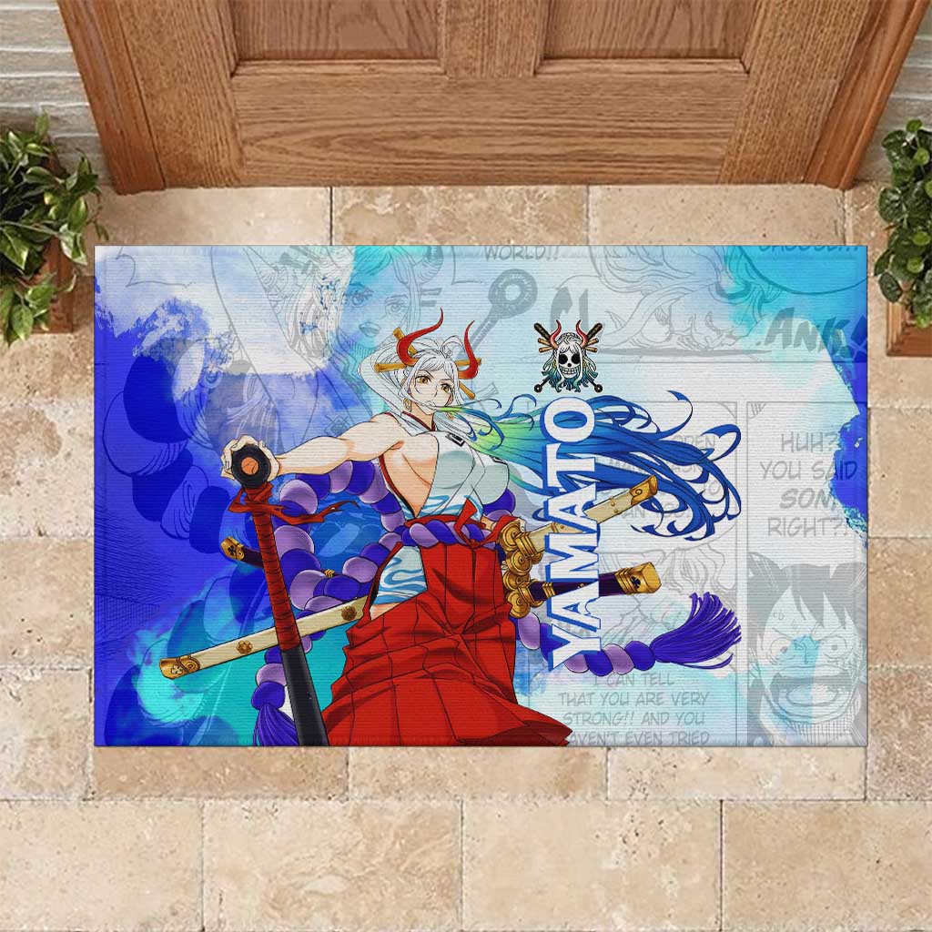 Yamato One Piece Blue Cloud Theme Rubber Doormat with Manga Panels and Oni Horn Character Design - The Mazicc