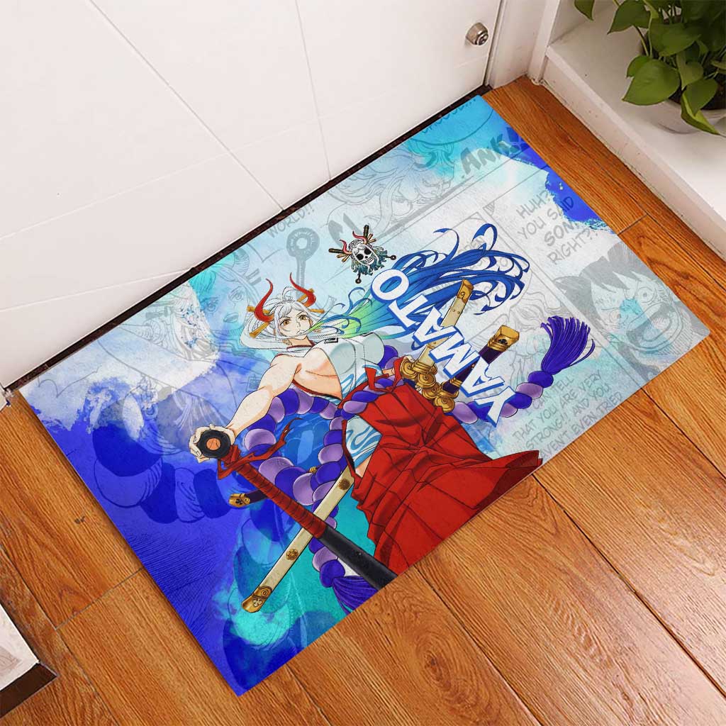 Yamato One Piece Blue Cloud Theme Rubber Doormat with Manga Panels and Oni Horn Character Design - The Mazicc