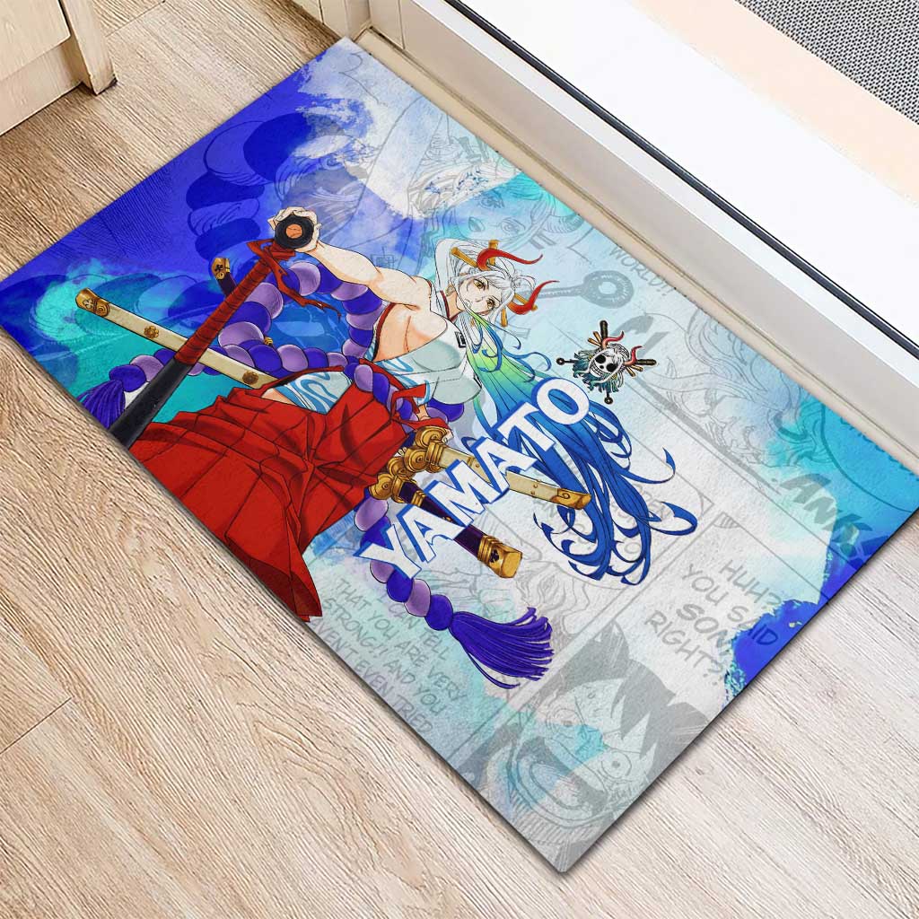 Yamato One Piece Blue Cloud Theme Rubber Doormat with Manga Panels and Oni Horn Character Design - The Mazicc