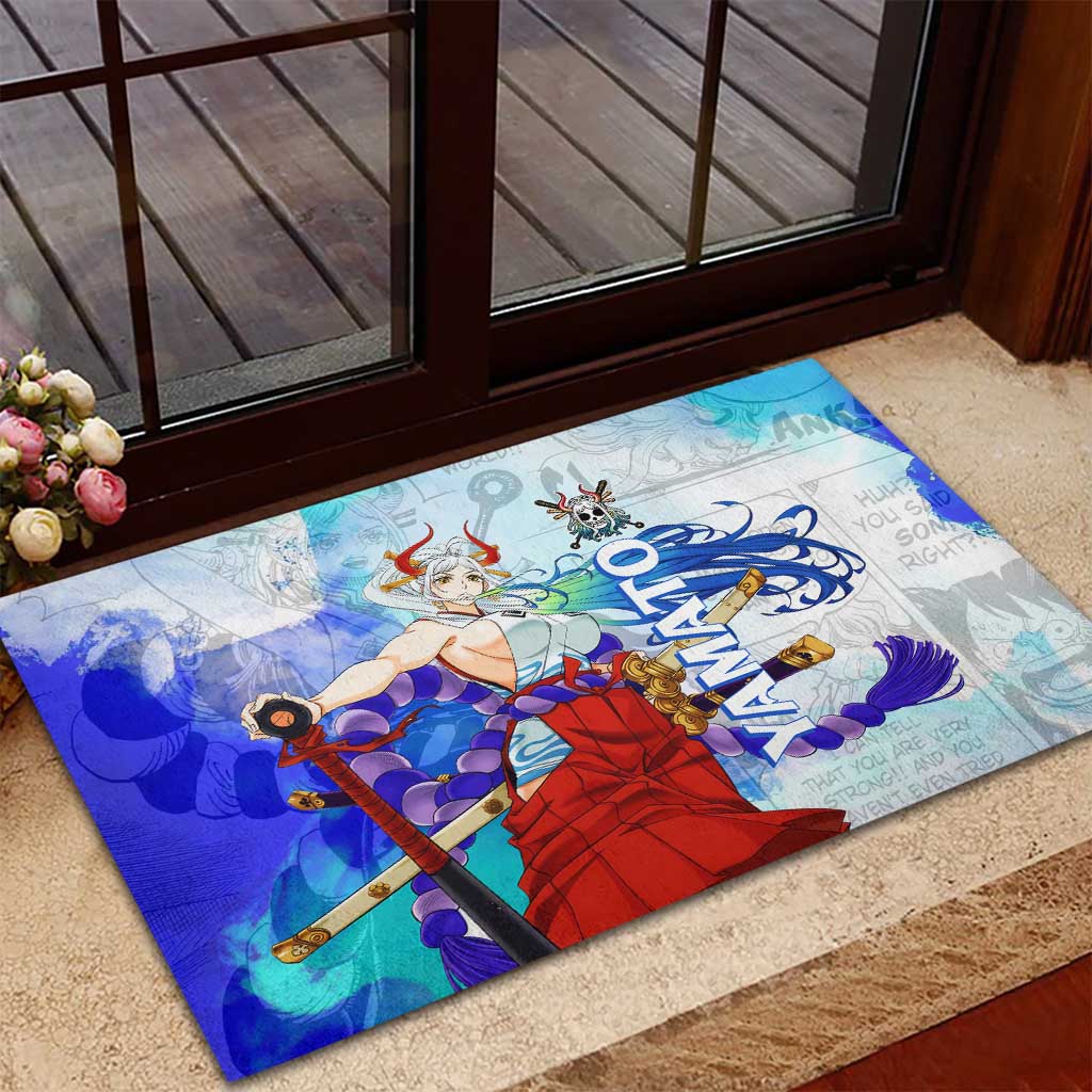 Yamato One Piece Blue Cloud Theme Rubber Doormat with Manga Panels and Oni Horn Character Design - The Mazicc
