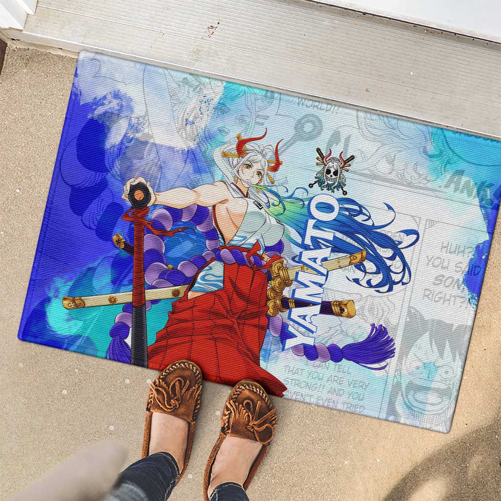 Yamato One Piece Blue Cloud Theme Rubber Doormat with Manga Panels and Oni Horn Character Design - The Mazicc