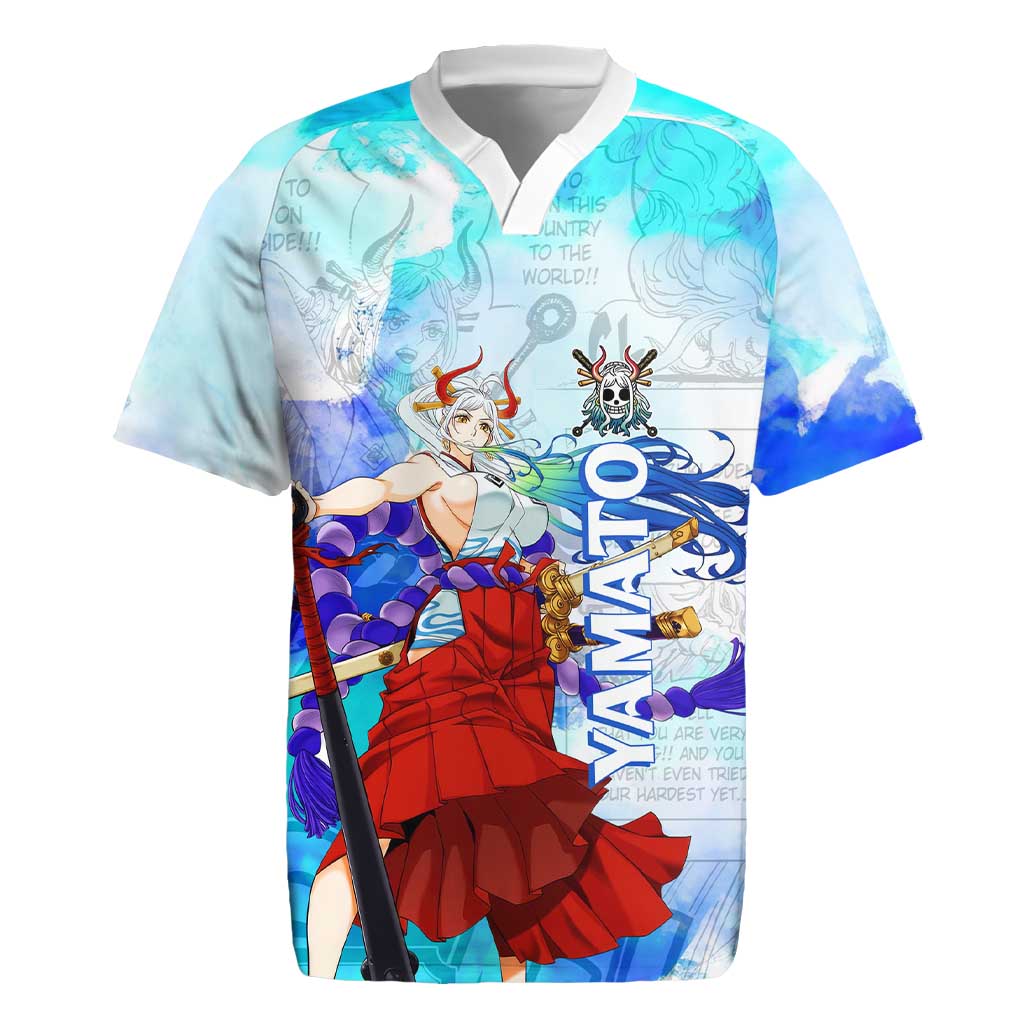 Yamato One Piece Blue Cloud Theme Rugby Jersey with Manga Panels and Oni Horn Character Design - The Mazicc