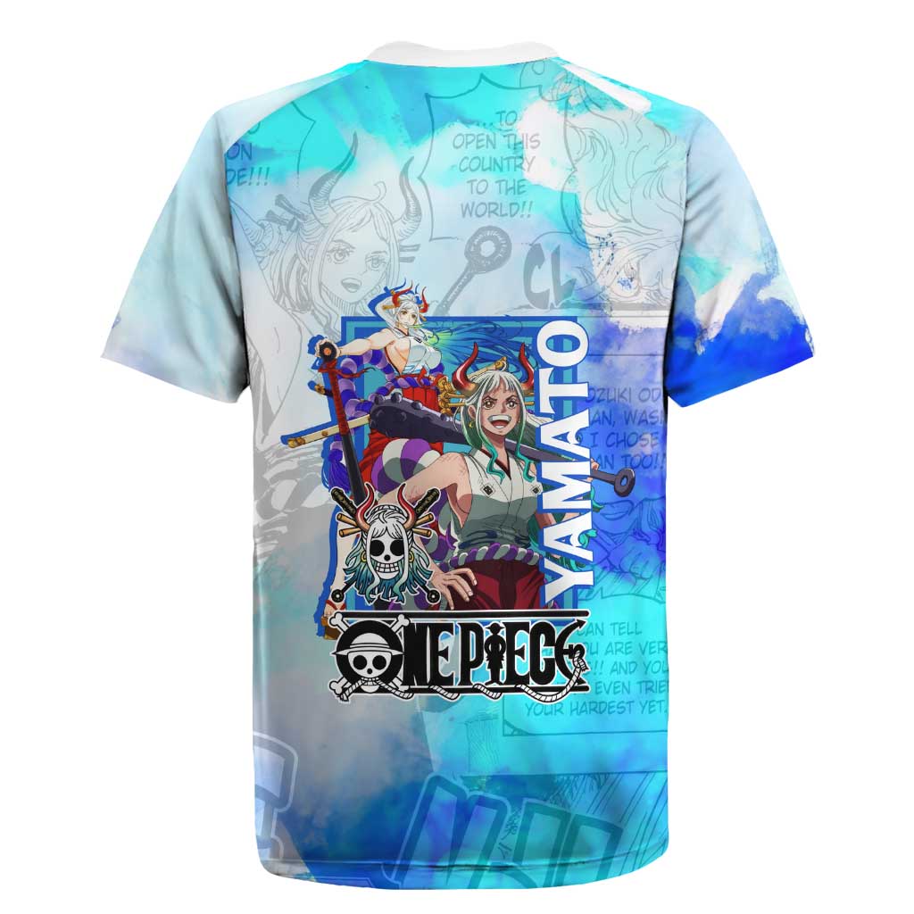 Yamato One Piece Blue Cloud Theme Rugby Jersey with Manga Panels and Oni Horn Character Design - The Mazicc