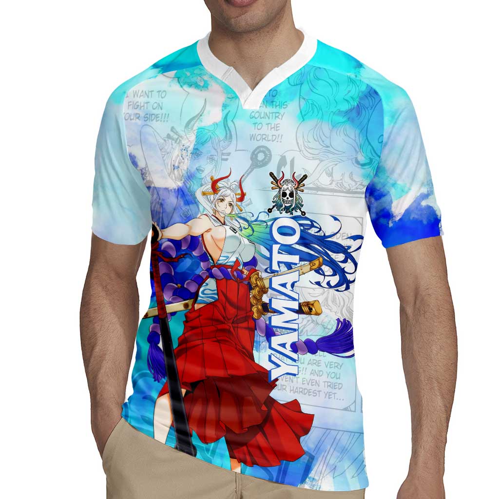 Yamato One Piece Blue Cloud Theme Rugby Jersey with Manga Panels and Oni Horn Character Design - The Mazicc