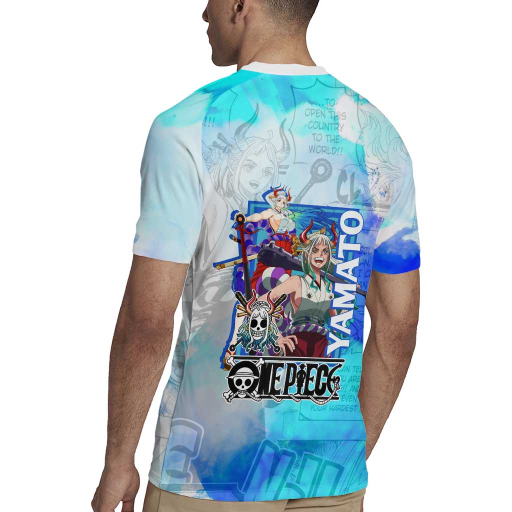 Yamato One Piece Blue Cloud Theme Rugby Jersey with Manga Panels and Oni Horn Character Design - The Mazicc