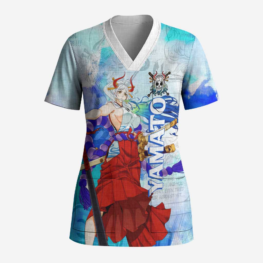 Yamato One Piece Blue Cloud Theme Scrub Top with Manga Panels and Oni Horn Character Design - The Mazicc