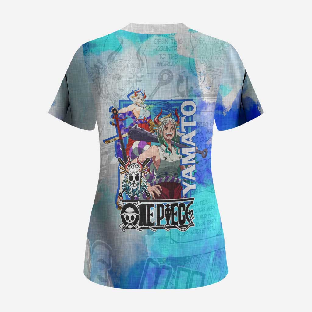 Yamato One Piece Blue Cloud Theme Scrub Top with Manga Panels and Oni Horn Character Design - The Mazicc