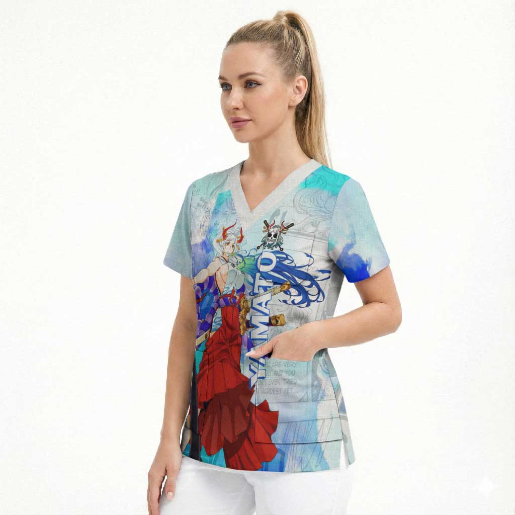 Yamato One Piece Blue Cloud Theme Scrub Top with Manga Panels and Oni Horn Character Design - The Mazicc
